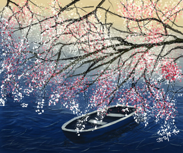 Painting of a boat in a lake